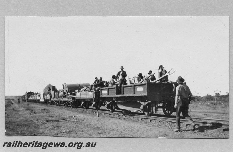 P08889
5 of 29 views of the construction of the Wyalkatchem-Lake Brown-Southern Cross railway, WLB line. LX class 6 wheel ballast plough on work train heading for 