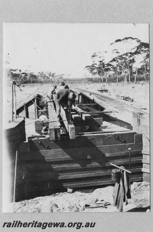 P08897
13 of 29 views of the construction of the Wyalkatchem-Lake Brown-Southern Cross railway, WLB line. Construction of Bridge No.10, view along bridge

