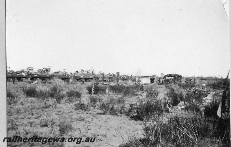 P08903
19 of 29 views of the construction of the Wyalkatchem-Lake Brown-Southern Cross railway, WLB line. Work train of H class wagons at 