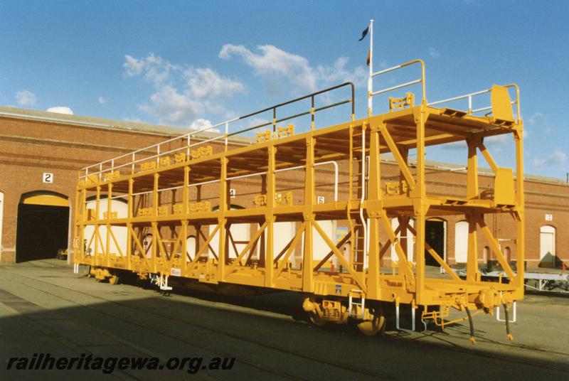 P08958
WMGF class standard gauge triple deck car carrying wagon, side and end view, newly painted, photo taken outside Block 1, Midland Workshops. Originally a WMB class
