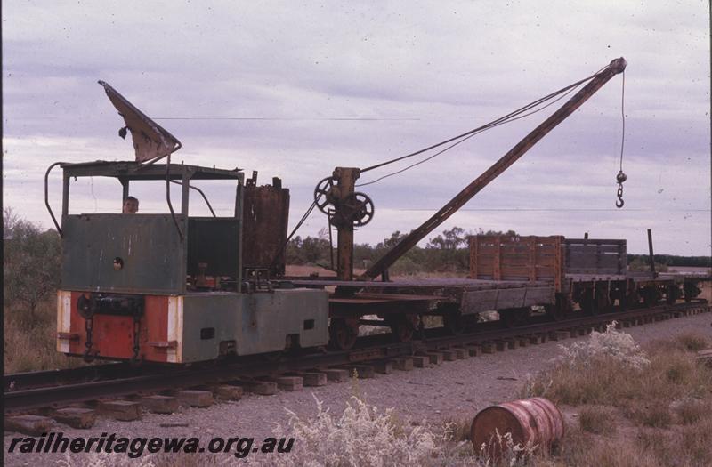 P08977
PWD 0-4-0 Simplex diesel loco with wagons, rear and side view, on display at Cossack
