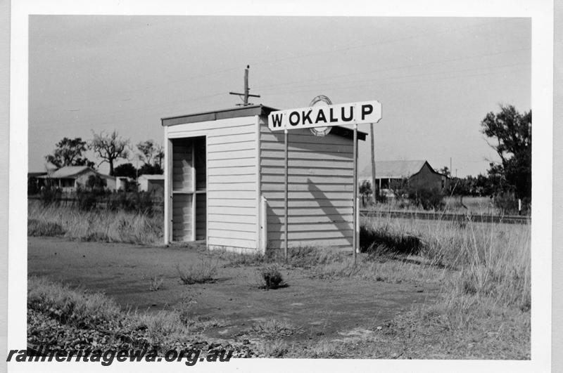 P09404
Shelter shed, platform, nameboard. Wokalup, SWR line.
