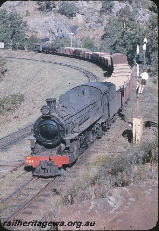 P09644
PR class 524 on No. 6 Goods passing an upper quadrant signal still in the proceed position, between Tunnel and Swan View. ER line. 
