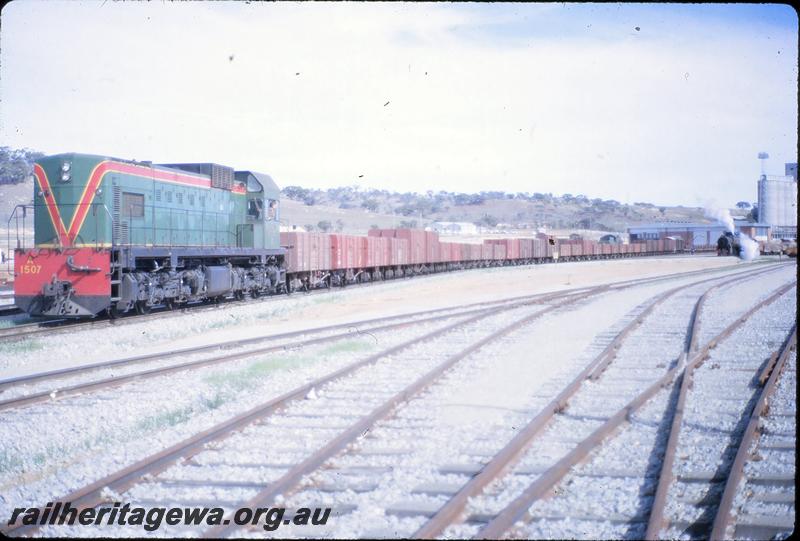 P09668
A class 1507 on down goods to Merredin leaving Avon Yard, V class on 19 Goods for York in background. ER line.
