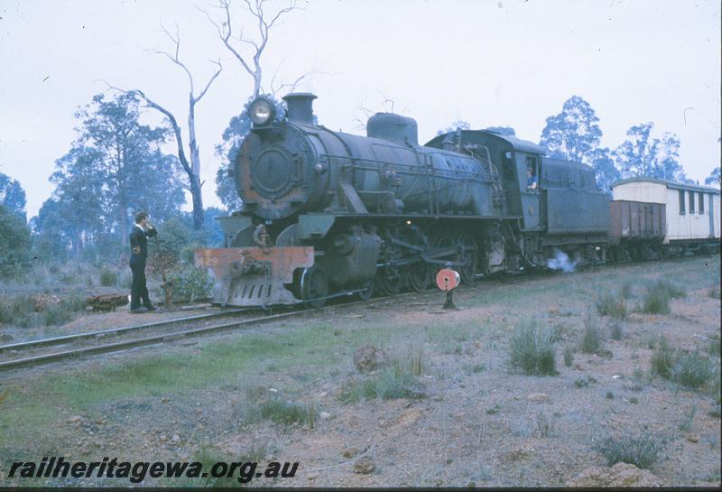 P09716
W class 929, up goods, departing loop, guard at loop points, workmen's van, Yornup? PP line.
