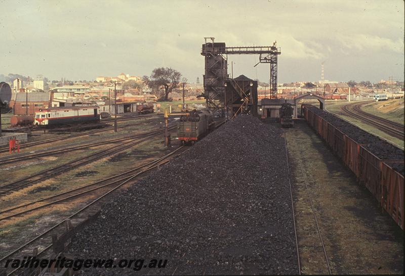 P09736
V class 1217, ADF class, 'Bunbury Belle' headboard, steam crane, coaling plant, coal dump East Perth loco shed, XA class wagons in coaling road, ADX class 670 in blue livery, on suburban on down main. ER line.
