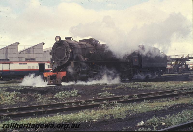 P09738
V class 1217, leaving turntable, Summers St footbridge in background, East Perth loco shed. ER line.
