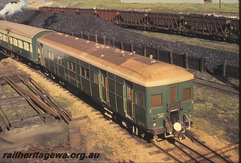 P09742
ALT class 5 Track Recorder car being pulled onto turntable, coal dumps and XA wagons in background, East Perth loco. ER line.
