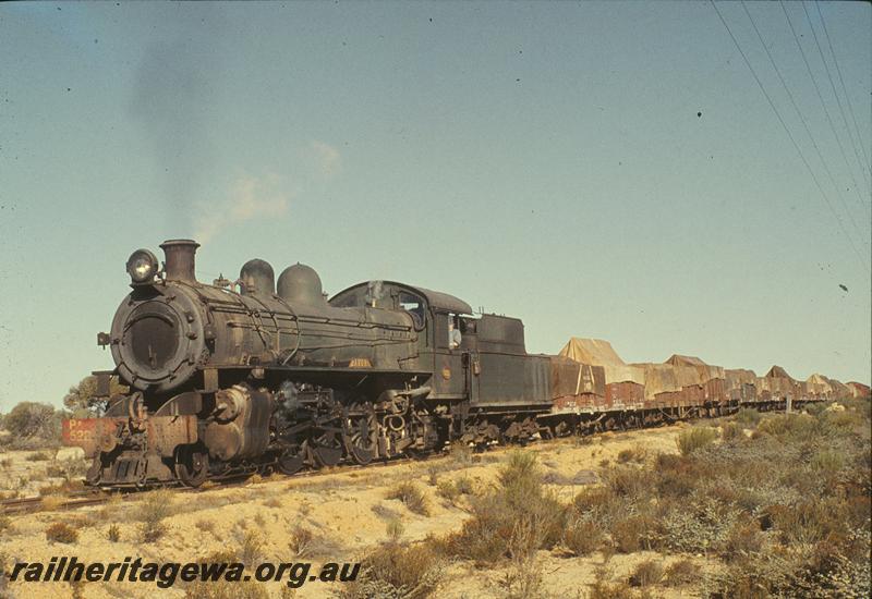 P09768
PR class 522 'Avon', goods train, tarpaulins on ridge poles, north of Bruce Rock. NWM line.
