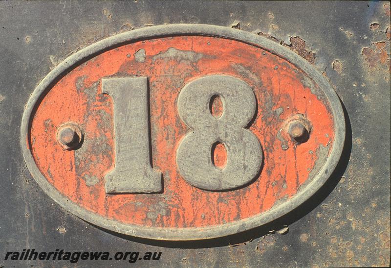 P09935
H class 18, numberplate detail, Bunbury loco shed. SWR line.

