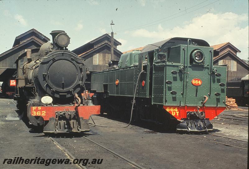 P09936
FS class 362, UT class 664, east faade of loco shed, 'Not to be moved' sign on FS, East Perth loco shed. ER line.
