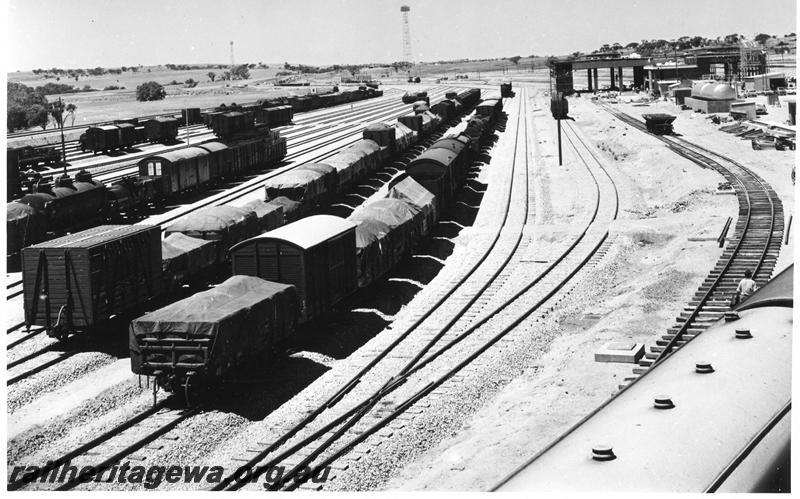 P10072
Marshalling Yard, Avon Yard, elevated view showing narrow gauge lines, loco depot in background under construction.
