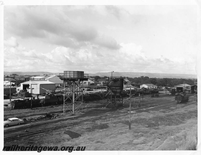 P10179
Midland Steam Depot, elevated view looking east, view shows stowed locomotives at the depot which was closed on the 31st May, 1971. See the 