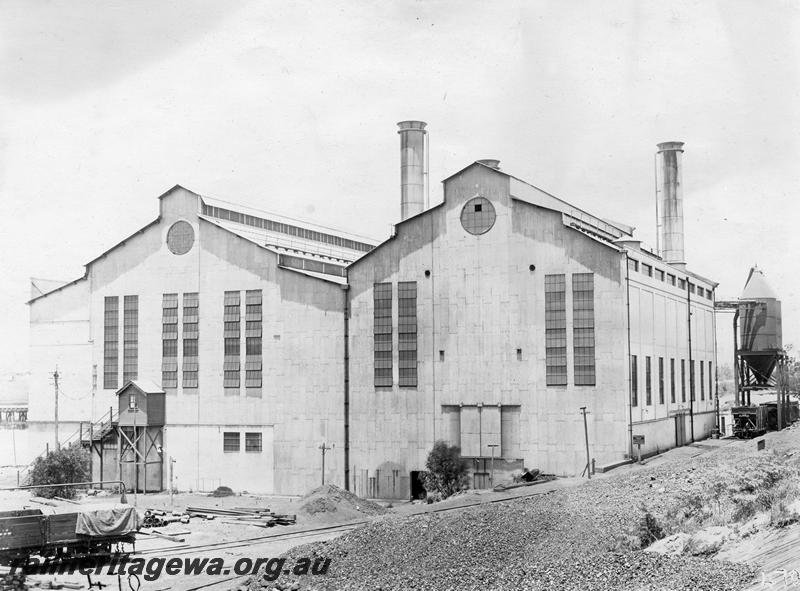 P10184
South Fremantle Power Station, track leading to the ash loading facility, XA class wagons under the loader
