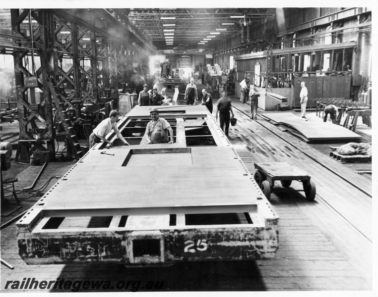 P10239
WF class standard gauge flat wagon (later reclassified to WFDY), under construction in the Boiler Shop North, Midland Workshops, view along the shop.
