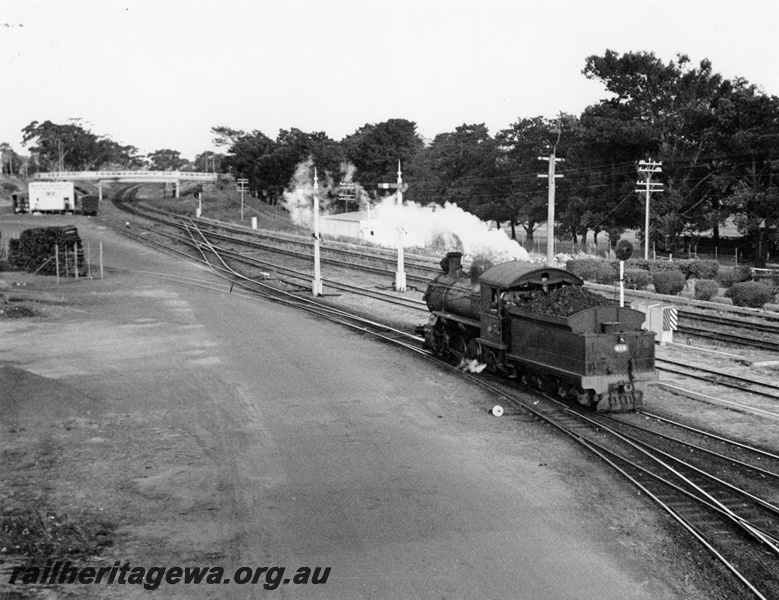 P10273
F class steam loco, light engine, signals, road over bridge, Subiaco yard, overall view of the yard looking east
