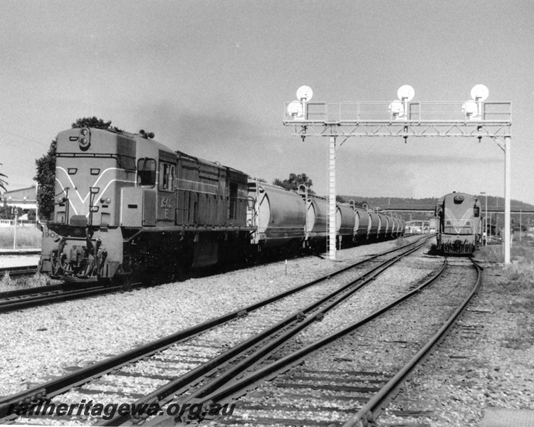 P10325
R class 1902 in the Westrail orange livery on a grain train, head on view of K class 204 in the Westrail orange livery, signal gantry with searchlight signals, Midland Yard, view looking east
