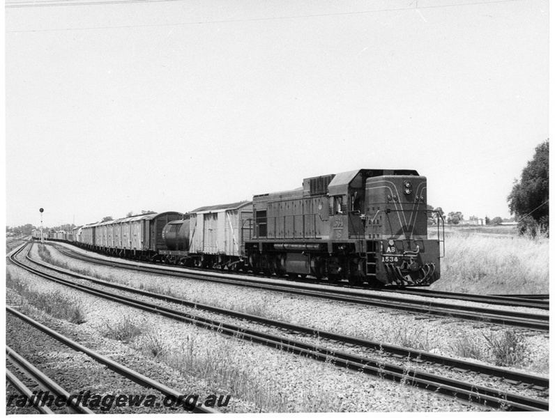 P10335
AB class 1534 diesel locomotive in green with red and yellow stripe livery, side and front view, on general freight train, Upper Swan.
