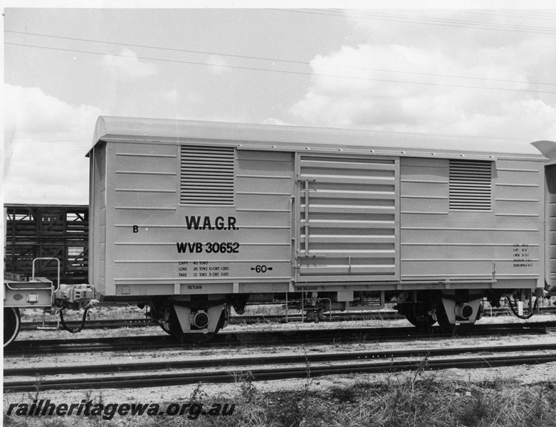 P10337
WVB class 30652 four wheel standard gauge covered van in yellow livery, end and side view.
