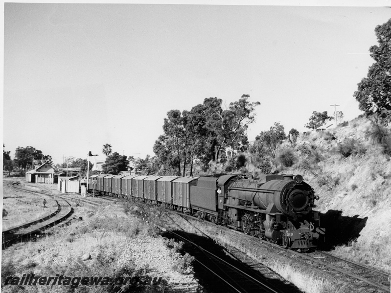 P10359
V class 1213 on freight train passing Swan View Station visible in background, also down main with indicator to the left as well as upper quadrant signal also shown.
