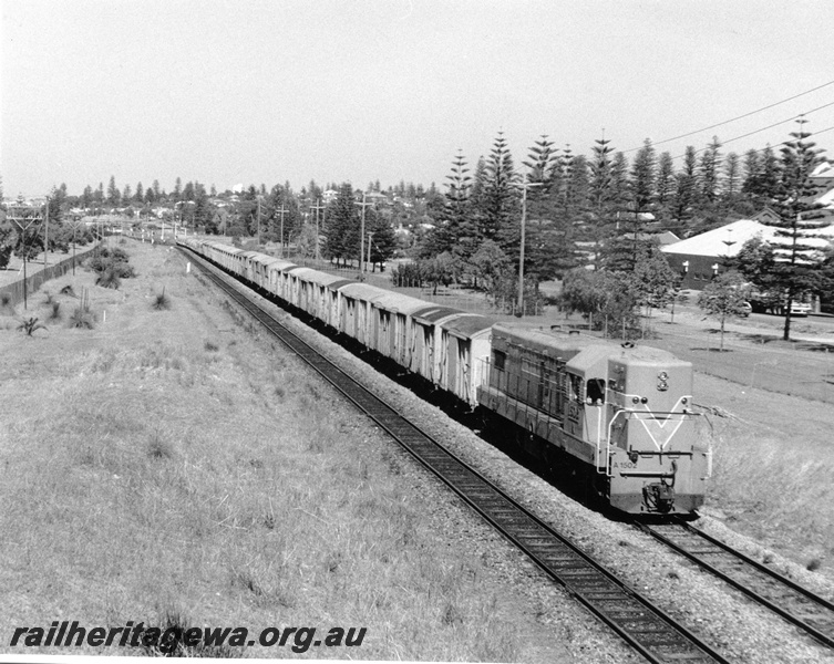 P10365
A class 1502 Westrail Orange short end leading departing Cottesloe heading towards Perth with train mainly four wheel covered vans
