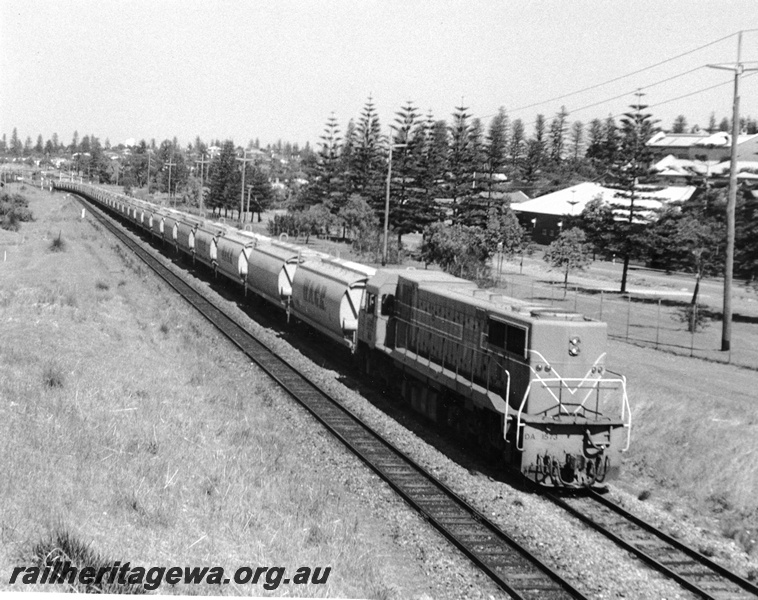 P10370
DA class 1573 Westrail Orange, long end leading Perth bound between Cottesloe and Locke Street with long train of empty XW class grain wagons for Avon Yard. Side and end view, left hand side of locomotive. Old Cottesloe Flour Mill visible together with a display of Norfolk Pine trees.
