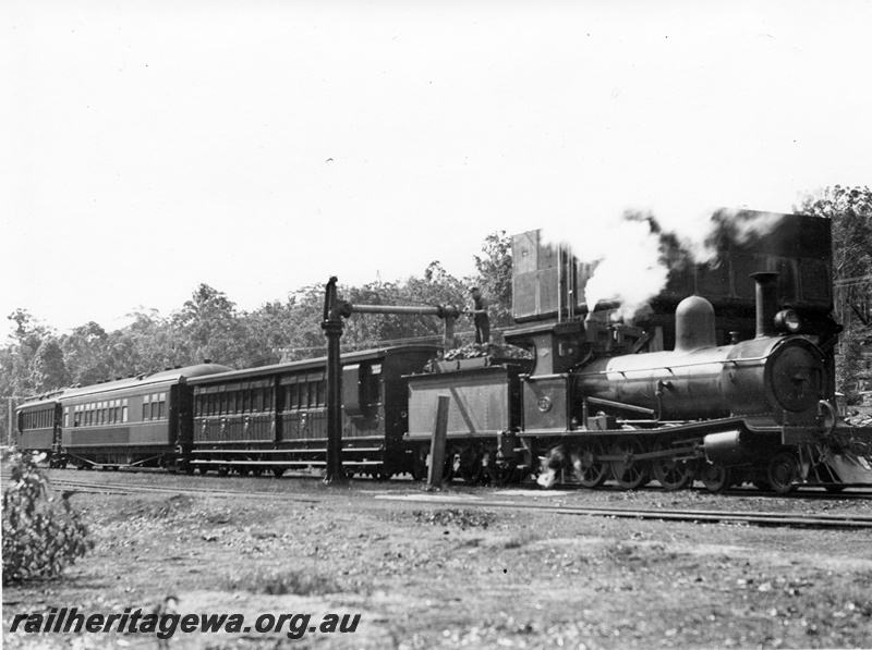 P10382
G class steam locomotive on the Commissioner's Inspection train, taking on water, fireman on top of the tender, water column, water tower, Cambray, WN line.
