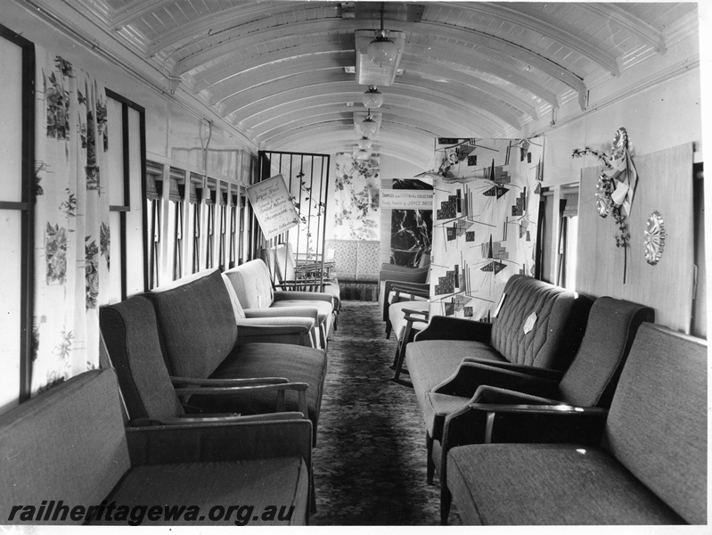 P10400
ASD class 374, former AS class suburban carriage fitted out as travelling trades exhibition coach, internal view looking along the carriage.
