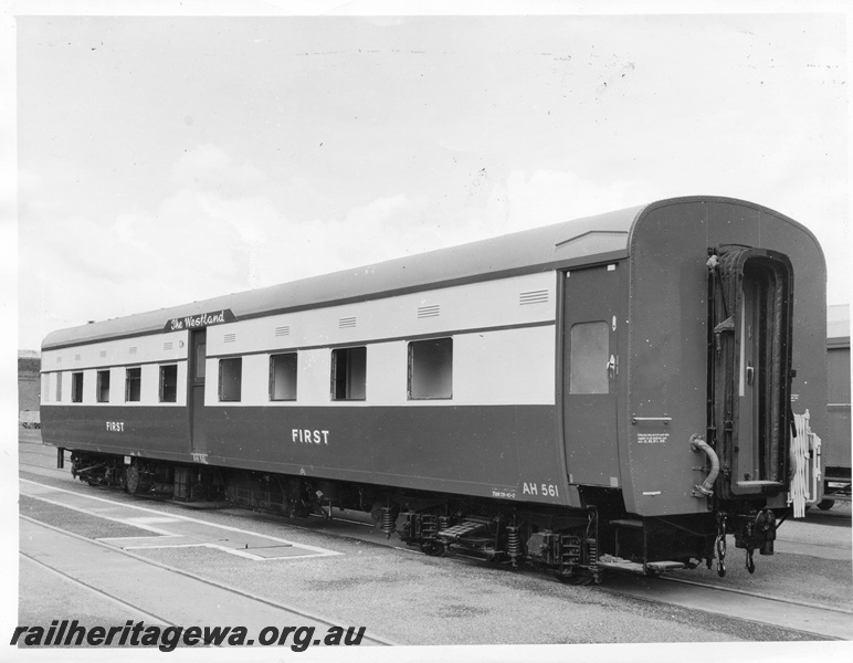 P10414
AH class 561 1st class sleeping car pictured at Midland Workshops after overhaul and repaint into larch green and cream scheme.
