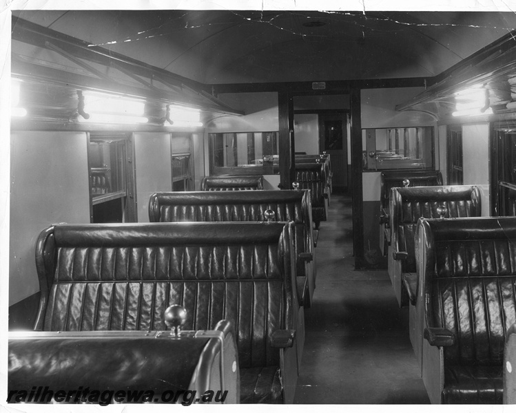 P10419
AYC class, interior view of 1st class saloon with lights illuminated.
