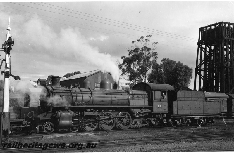 P10439
P class 516 steam locomotive shunting at Northam. Side view of locomotive & tender, shunting signals to left of locomotive, portion of ZA & Z brakevan to rear of locomotive. Water tower at right of scene. ER line.
