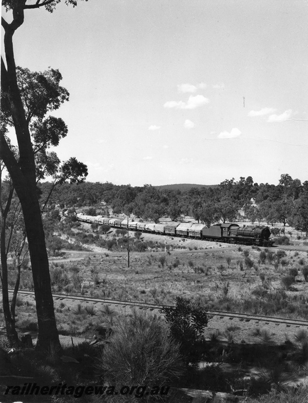 P10463
S class steam locomotive, with large tender, hauling a loaded goods train into Bowelling from Wagin. The line in the foreground is the Bowelling - Narrogin line.
