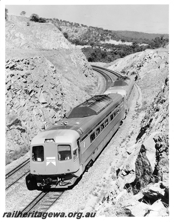 P10551
Two car Prospector set, with the Westrail logo on the front panel, pictured in a cutting in the Avon Valley.
