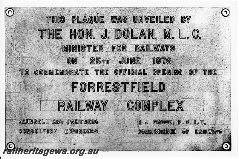 P10555
The plaque commemorating the official opening of the Forrestfield Railway complex in February 1973. 

