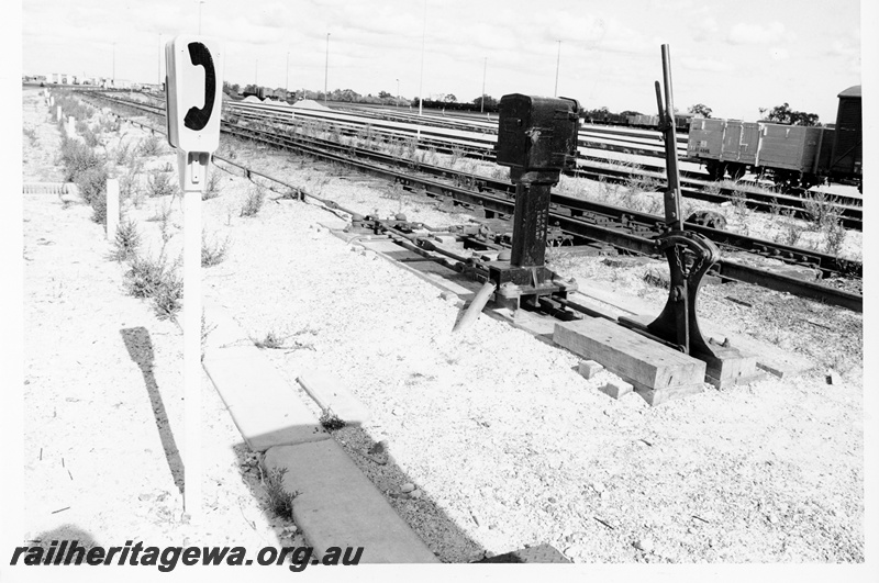P10560
A switchlocked controlled lever within Forrestfield yard. The post on the left contains the telephone to contact the Signalman.
