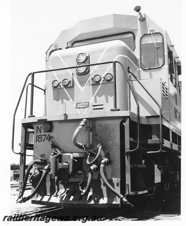 P10578
N class 1874 diesel locomotive taken low down and displaying coupling and vacuum and air brake hoses.
