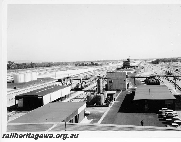 P10588
Overhead view of Forrestfield Yard looking south from the Loco . Fuelling point to left and Yardmaster's building in background. Depot
