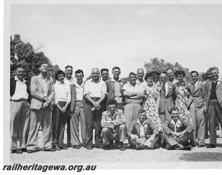 P10595
 Secretary's Branch Picnic Committee 1950. Pictured Left to Right: Back Row ?, Jim Kelleher, Maureen Sundercombe, Joe Foley, Brian Copley, Charlie Cream, Frank Fahey, Jim Downes (Chairman), Harry Benzel, Bob Thompson, Vivian McArthur, Jack Byrne, Jim Noble, Charlie Clifton, Nancy Liddington, Ron Hart, Norm Perrin. In Front: Bob Scott (Secretary), Doug Rowland, Charlie Abery (Refresh).
