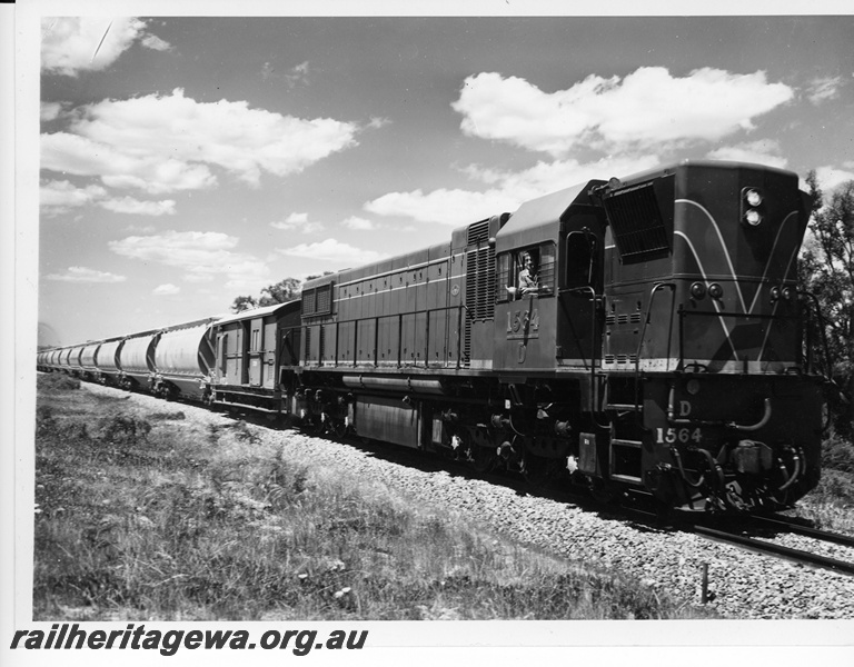 P10612
 D class 1564 diesel locomotive hauling a rake of alumina wagons towards Kwinana from the Pinjarra Alcoa Refinery.
