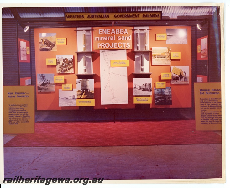 P10642
WAGR display board, showing photos and text relating to the Eneabba mineral sands projects and the new railway to connect the mine sites to Geraldton, c1975
