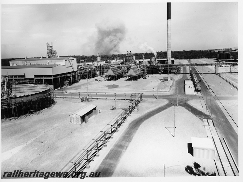 P10877
Overhead view of the Nickel Refinery, still under construction, with standard gauge nickel wagons in right foreground.
