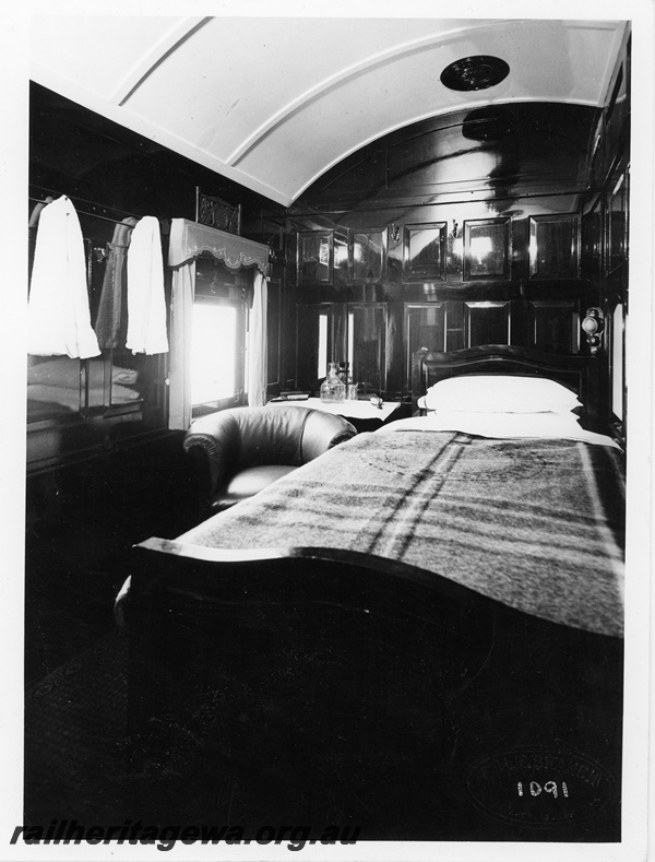 P10878
Interior view of made up bed in a single compartment of AM class 444 carriage.
