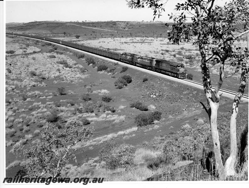 P10901
Mount Newman (MNM) 144 car ore train approaches Ethel Gorge.
