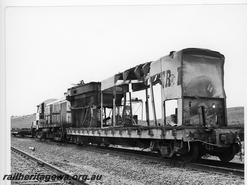 P10908
Cliffs Robe River (CRRIA) M636 1711 - remains of the locomotive following a serious accident in February 1973 where a section of the railway was washed away as a result of a cyclone. The locomotive fell into Western Creek.
