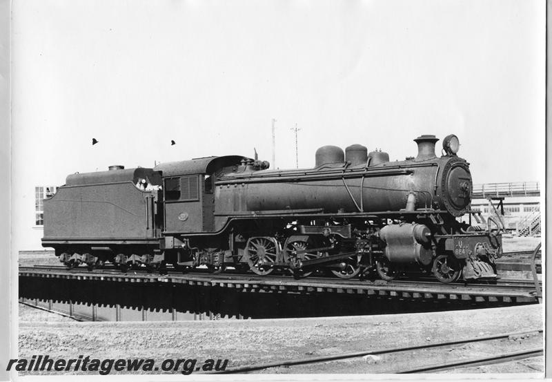 P11015
U class 664, on turntable, East Perth Loco depot, side and front view.
