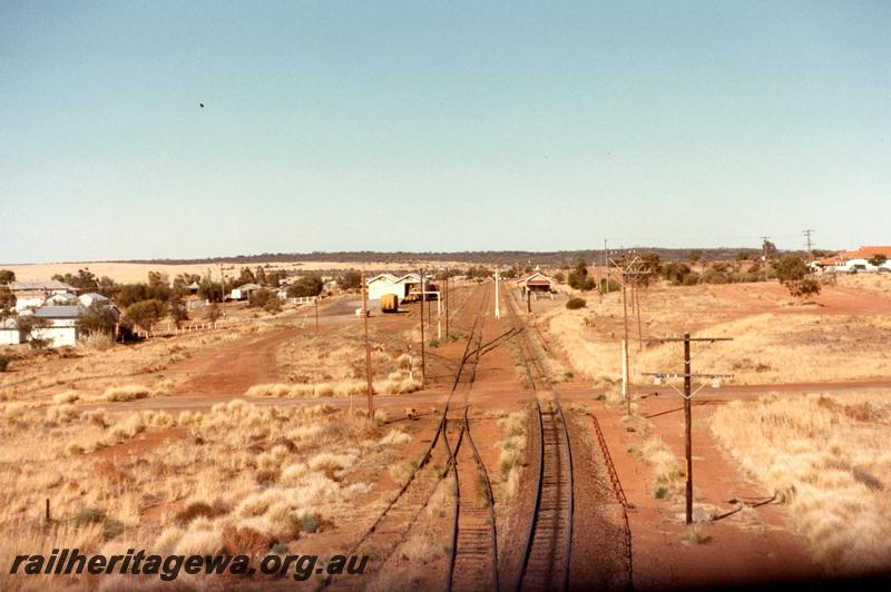 P11052
Station building, goods shed, yard, Mullewa, NR line, view along track, taken on visit to remove the signals, elevated view from the opposite end of the yard to P11051. 
