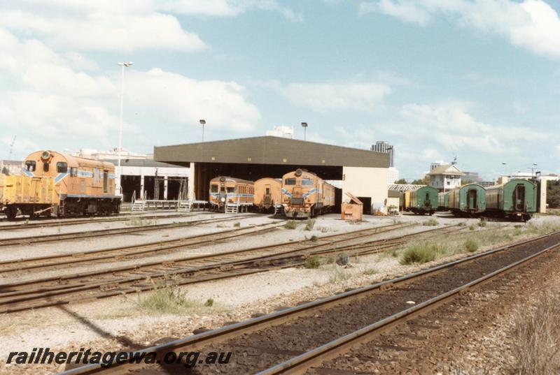 P11055
Railcar depot, Claisebrook, general overall view showing locos, railcars and carriages.
