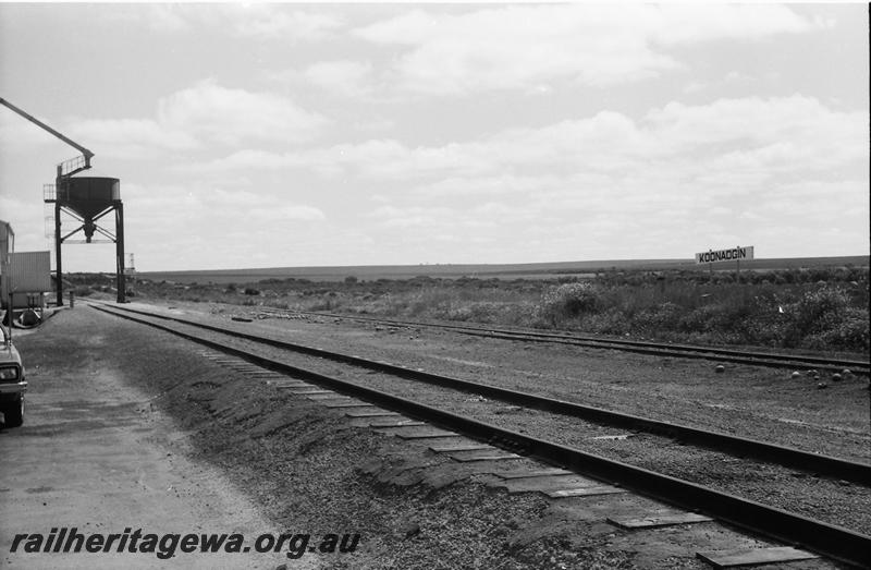 P11102
Siding nameboard, grain loader, Koonadgin, NKM line, view along the track.
