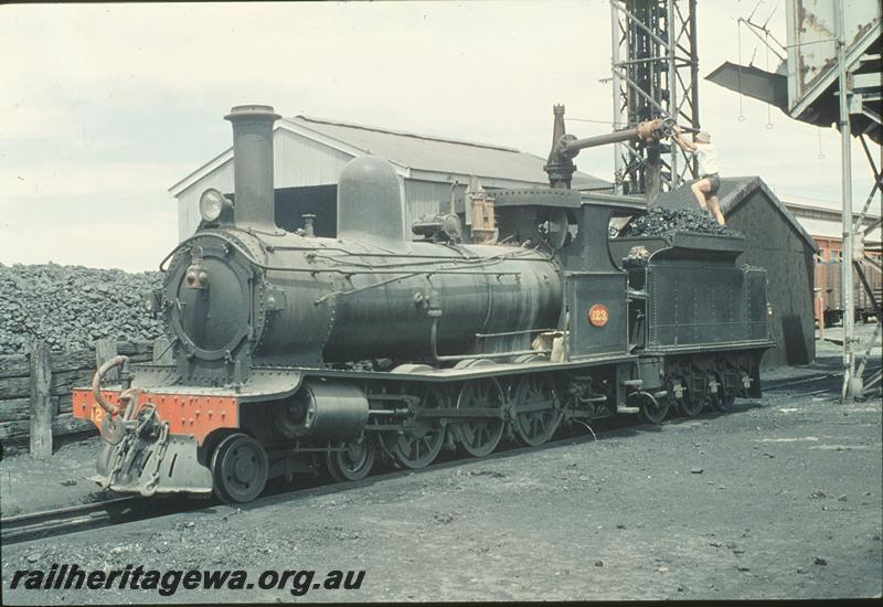 P11246
G class 123, taking water, water column, part of coaling tower, Bunbury. SWR line.
