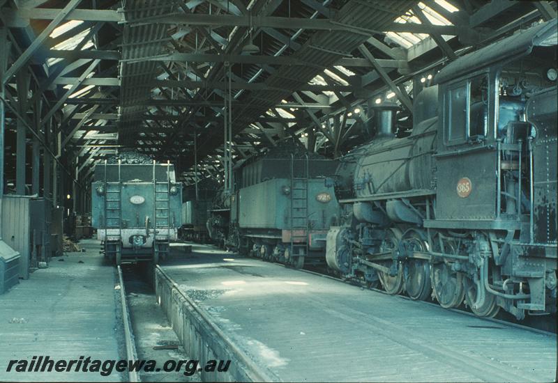 P11255
PMR class 728, PMR class 725, FS class 365, engine pit, interior of shed, East Perth loco shed. ER line.
